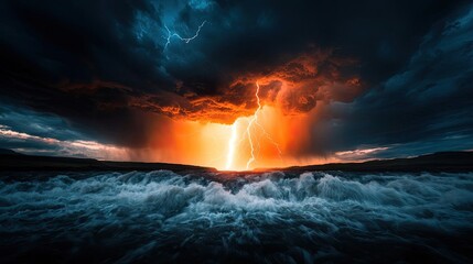 Naklejka premium River rapids landscapes dramatic concept. A dramatic lightning storm illuminating the ocean at sunset with vibrant colors.