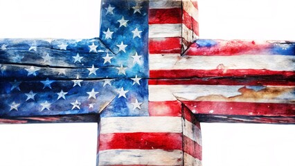 American flag painted on a wooden cross isolated on white background, a symbol of faith and patriotism, national pride