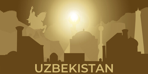 Silhouettes of Uzbekistan's landmarks in brown tones