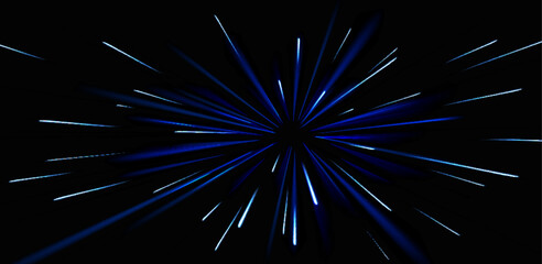 Speed lines burst from center on black backdrop, glow neon blue trails streak outwards. Radiating bright beams converging to point, dynamic starburst effect. Futuristic fast motion, energy and action.