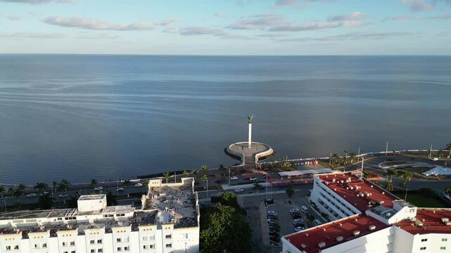 aerial view of the boardwalk in campeche mexico (scenic ocean gulf) traffic cars driving scenic waterfront sunrise seascape colonial travel tourism destination latin america yucatan peninsula getaway