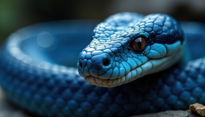 Obraz premium Headshot of blue viper snake with sharp teeth and piercing stare, reptile, animal, blue