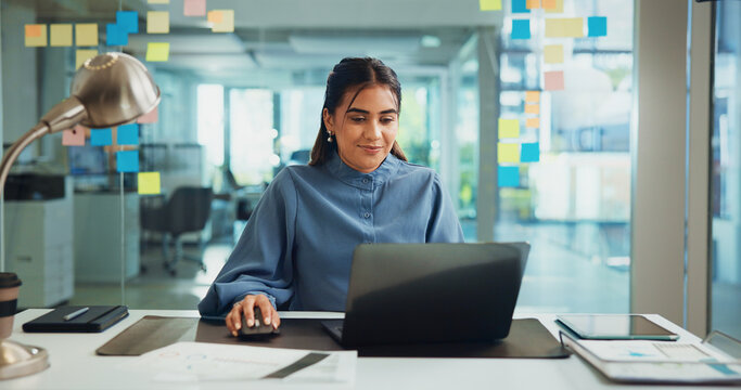 Business, laptop and woman in office, internet and planning for project, research and connection. Person, employee and consultant with sales agency, website info and computer with decision or network