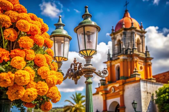 Marigolds Adorn Antique Church, Atlixco de las Flores, Puebla, Mexico