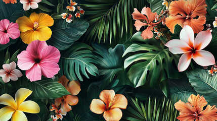 Seamless floral pattern featuring vibrant blossoms design, Vibrant flowering plants showcase seasonal flowers and lush green leaves, floral patters and leaves background for invitation card and decor.