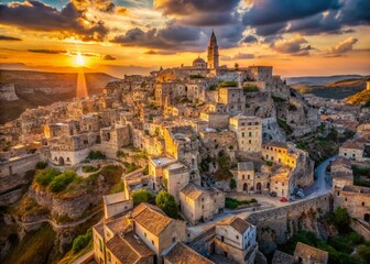 Fototapeta premium Matera Dawn: Drone View of Ancient Italian Hilltop City