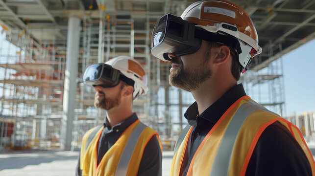 Two construction workers using vr headsets on a construction site looking ahead with safety gear on