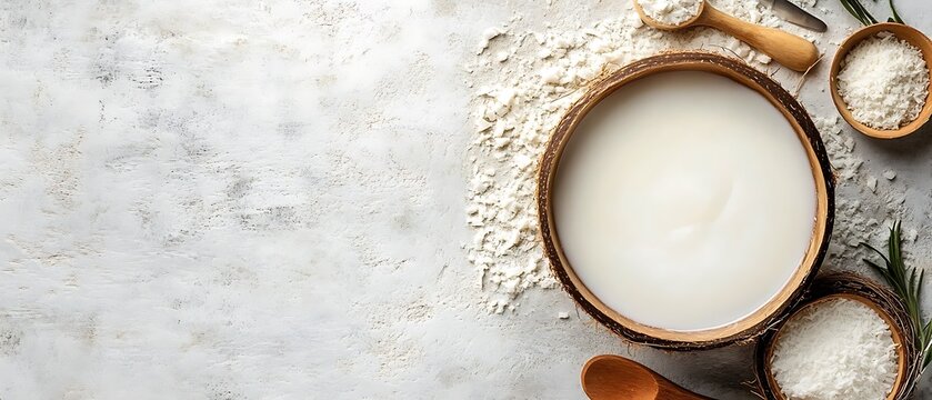 Top-down view of coconut milk in a clear bowl with kitchen tools in the background, subtle background, reserved area for messages or branding