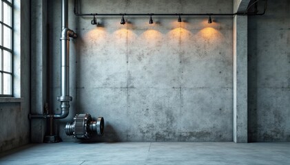 Grey textured concrete wall with industrial pipes and machinery, concrete, industrial equipment, industrial