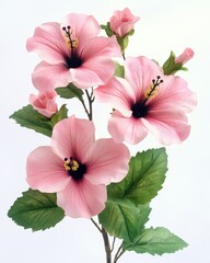 Captivating Pink Hibiscus Blossom Display Delicate Floral Arrangement Against Clean White Backdrop Artistic Botanical Composition