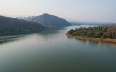 Aerial view of a beautiful river and mountain in northern Thailand