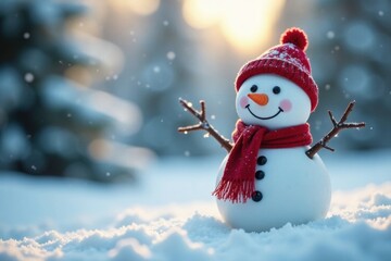 Fototapeta premium Happy snowman in a picturesque winter setting surrounded by snowflakes and frost , winter magic, jolly snowman, snowy hills