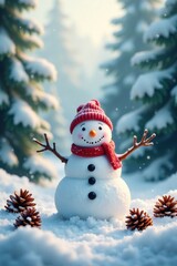 Fototapeta premium Happy snowman surrounded by evergreen trees and pinecones in a snow-covered forest, frosty, forest