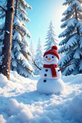 Obraz premium Happy snowman in the middle of a snowy forest with tall trees and a clear blue sky above , icicles, snowy forest, outdoors