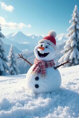 Fototapeta premium Happy snowman with big smile is situated at the top of a snowy hill surrounded by snow-covered trees and a vast white landscape, mountain, frozen lake