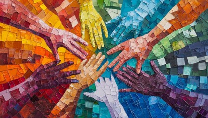 Colorful mosaic hands reaching, unity in diversity, abstract background