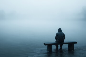 Solitary Figure on Bench Contemplates Misty Lake Serene Landscape Reflecting Loneliness and Introspection in Foggy Weather Moody Atmosphere Calm Water