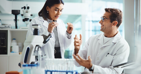 Results, research or people in science with discussion, microscope or medical experiment for cancer...