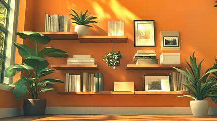 Minimalist interior captivates with modern warm decor. Shelves adorned with books offer cozy aesthetics. Stylish blend of plants and frames enhance the tranquil atmosphere, inviting peace and