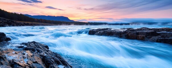 River rapids landscapes dramatic concept. A stunning coastal view featuring vibrant waves and a colorful sky at sunset.