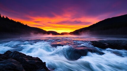 Naklejka premium River rapids landscapes dramatic concept. A breathtaking sunset over a rushing river, surrounded by mountains and vibrant skies.