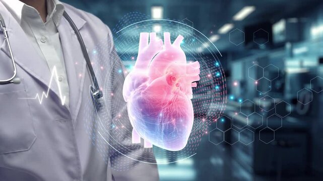 Close up of doctor standing and pointing at heart hologram floating at laboratory with blurring background. Medical worker checking and using technology innovation diagnosis heart disorder. Remedial.