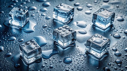 Melting Ice Cubes & Water Droplets: Flat Lay Stock Photo with Copy Space