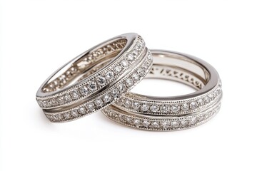 Diamond wedding rings on white background