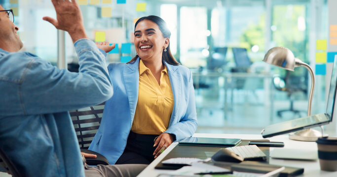 Happy, business people and teamwork with high five for promotion or congratulations at office. Businessman, woman or colleagues with smile or well done for winning, success or good job at workplace