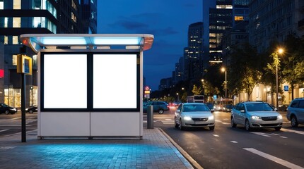 Blank white digital billboard at night city bus stop. Empty space for advertisement on urban street. Cars pass by. Evening time. City street. Public transport. Modern design. Empty screen.