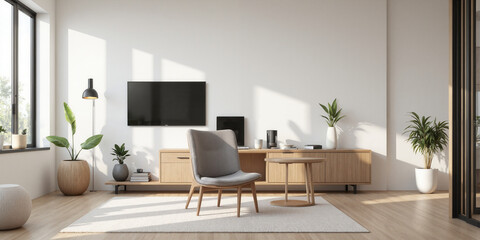 Fototapeta premium Minimalist Zen Office A tranquil, modern workspace with a wall-mounted TV as a central element above a minimalist TV console