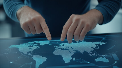 Business professional interacting with digital world map  