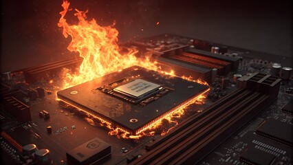 Overheating Processor: A computer processor engulfed in flames, symbolizing system failure and technological issues, with a dramatic, photorealistic rendering.