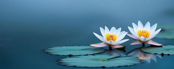 Water lily pond landscapes dramatic concept. Two beautiful lotus flowers floating gracefully on calm water.