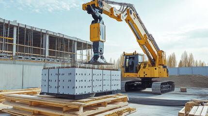 Yellow excavator lifting concrete block at construction site with building frame in background