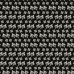 Simple minimalist floral pattern. Minimal seamless texture with small flower shapes. Abstract black and white geometric background. For print, package