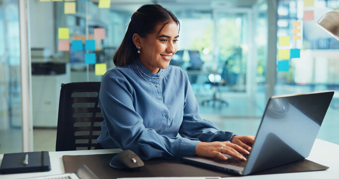 Creative, woman and typing on laptop in office for news story, article research or proofreading blog. Business, journalist or happy at media agency for website publication, feedback review or editing - Powered by Adobe