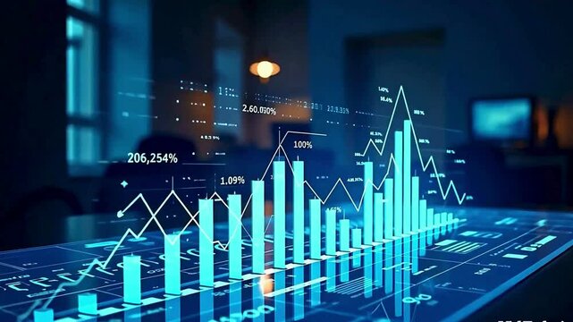 Holographic charts financial statistics on table in night office interior - Powered by Adobe
