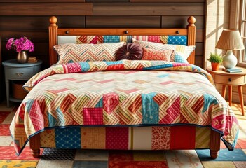 Summertime herringbone quilt pattern on patchwork furniture bed, textile, pattern