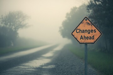 A "Changes Ahead" road sign with fog rolling in, symbolizing the unpredictability and ambiguity of change.