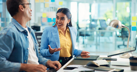 Business people, laptop and teamwork in office, conversation and meeting for feedback. Employees,...