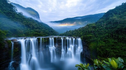 Fototapeta premium Rainbow waterfall landscapes dramatic concept. A serene waterfall cascading through lush greenery under a misty sky.