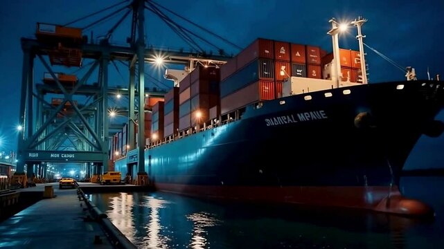 Night of Aerial top view of Container ship loading and unloading, Cargo container in deep seaport for the international order concept.