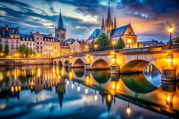 Obraz premium Metz's Die Moyen Pont Bridge at Night with Bokeh Lights