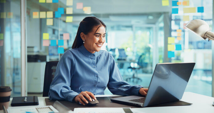 Creative, woman and happy with laptop in office for editor feedback, news publication and positive online review. Business, journalist or smile at media agency for story development and proofreading