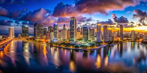 Naklejka premium Miami Night Skyline Drone Photography: Stunning City Reflections & Beautiful Views