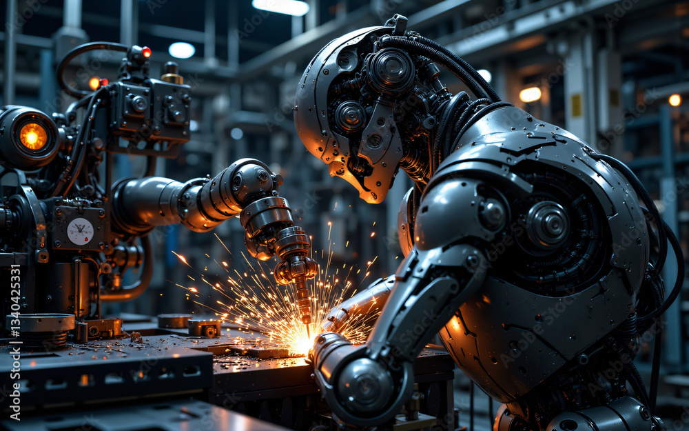 Aufkleber metallic robot welds metal in a factory setting. sparks fly from the robotic arm during the industri