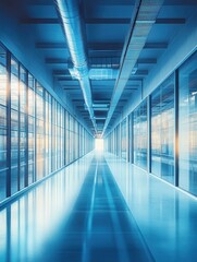 Modern office hallway with glass walls and ceiling pipes creating a sleek and professional atmosphere for corporate success and business innovation