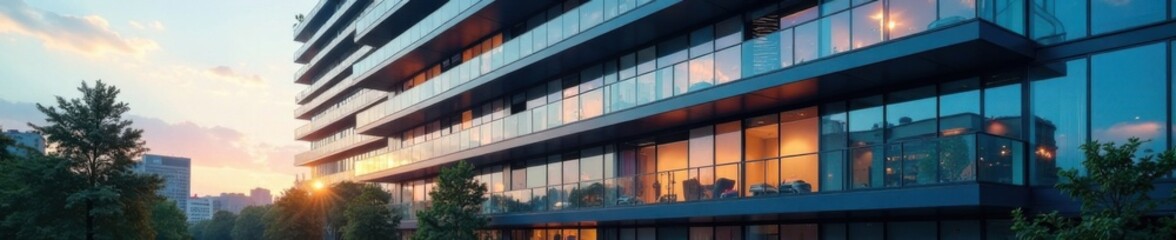 Obraz premium Modern office building with multiple floors and exterior windows, office space, interior design