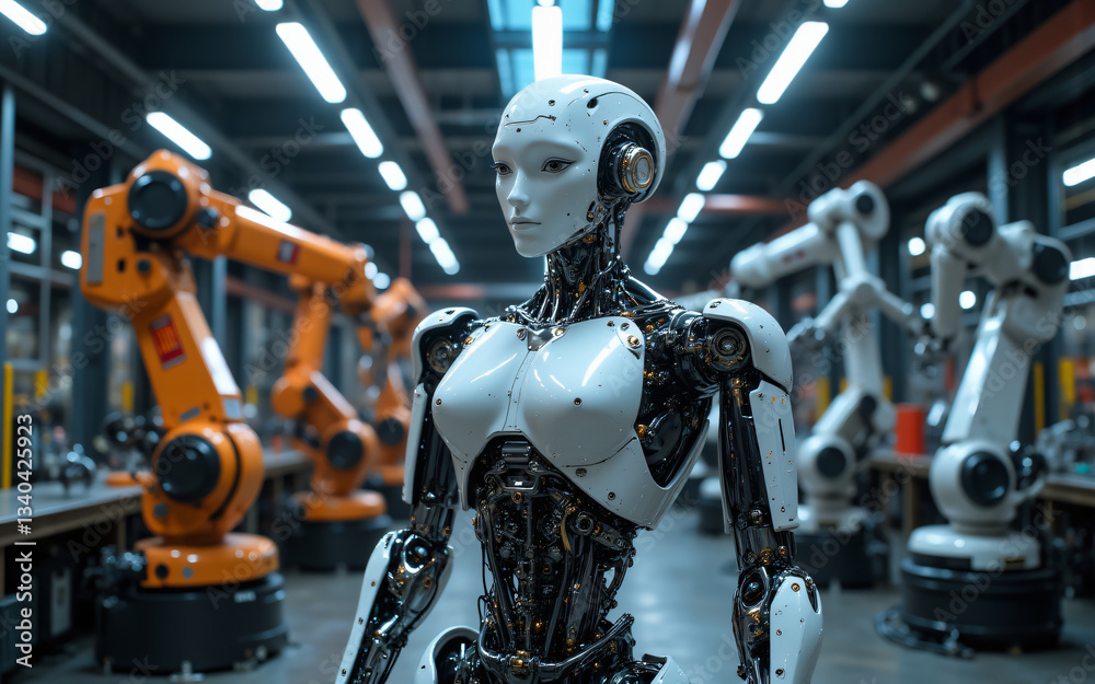 Leinwandbilder a futuristic humanoid robot stands in a factory setting, surrounded by robotic arms. the scene evoke